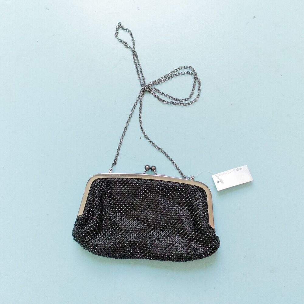 NWT Jessica MccLintock Black Oversize Metal Chain Silver Clamshell Mini Clutch